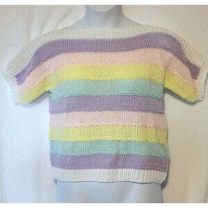 Handknit Pastel Rainbow Sweater Silver Sparkle Glitter Yarn Short Sleeve Sz M
